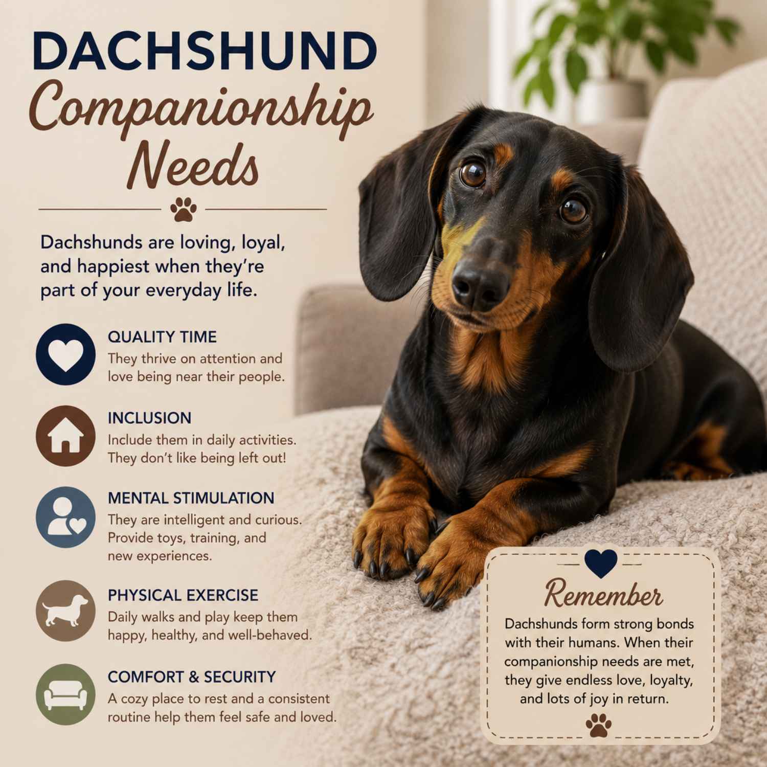 Dachshund Companionship Needs infographic explaining the breed's need for affection, quality time, mental stimulation, daily exercise, and close family companionship.