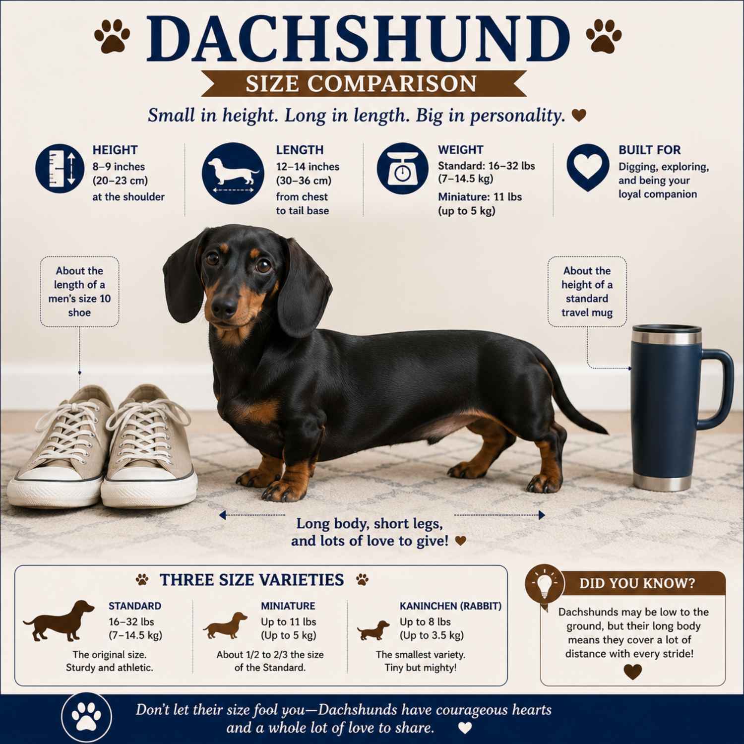 Dachshund Size Comparison showing the breed's height, length, and proportions
