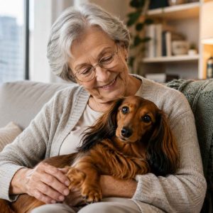 Dachshund cuddling Senior owner
