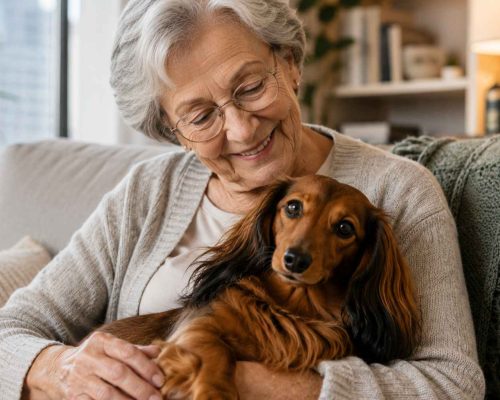 Dachshund cuddling Senior owner