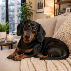 Black and tan dachshund resting comfortably in an apartment living room
