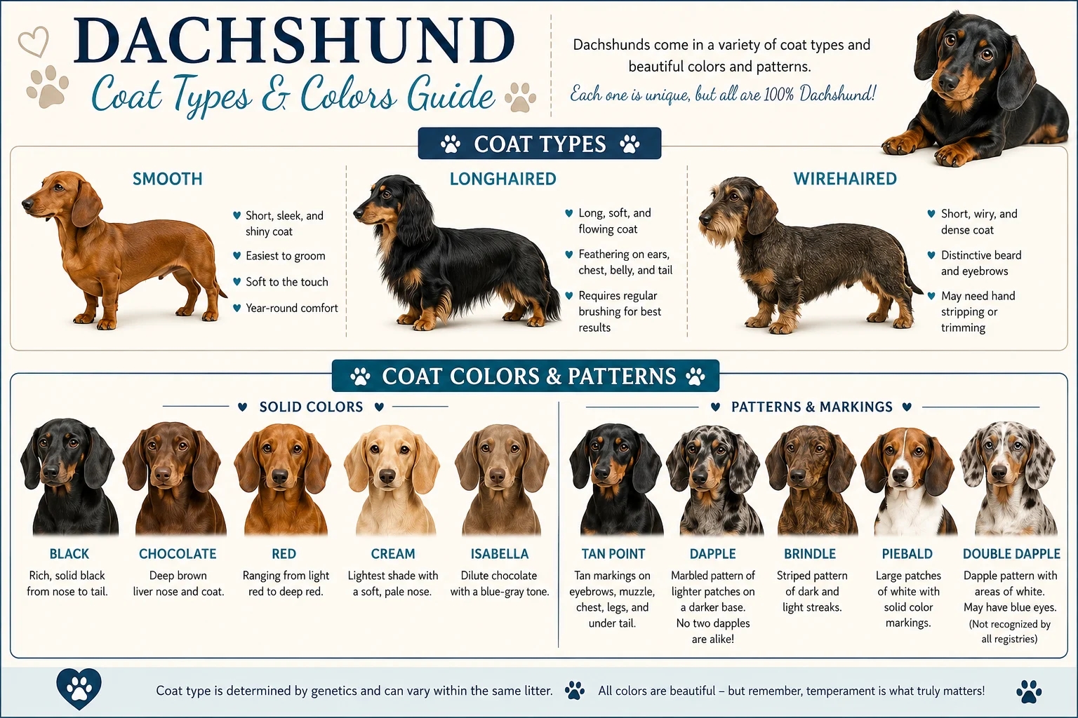 Dachshund coat types and colors infographic showing smooth, longhaired and wirehaired coats with common Dachshund colors and patterns