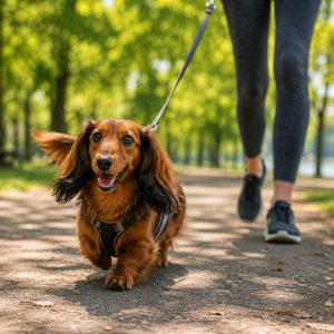 Dachshund walking on a leash