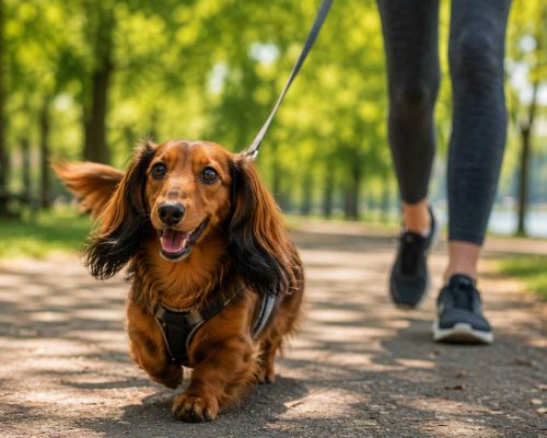 Dachshund walking on a leash