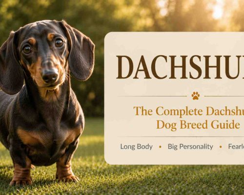 Dachshund dog standing beside a sign that reads miniature dachshunds, the complete dog breed guide