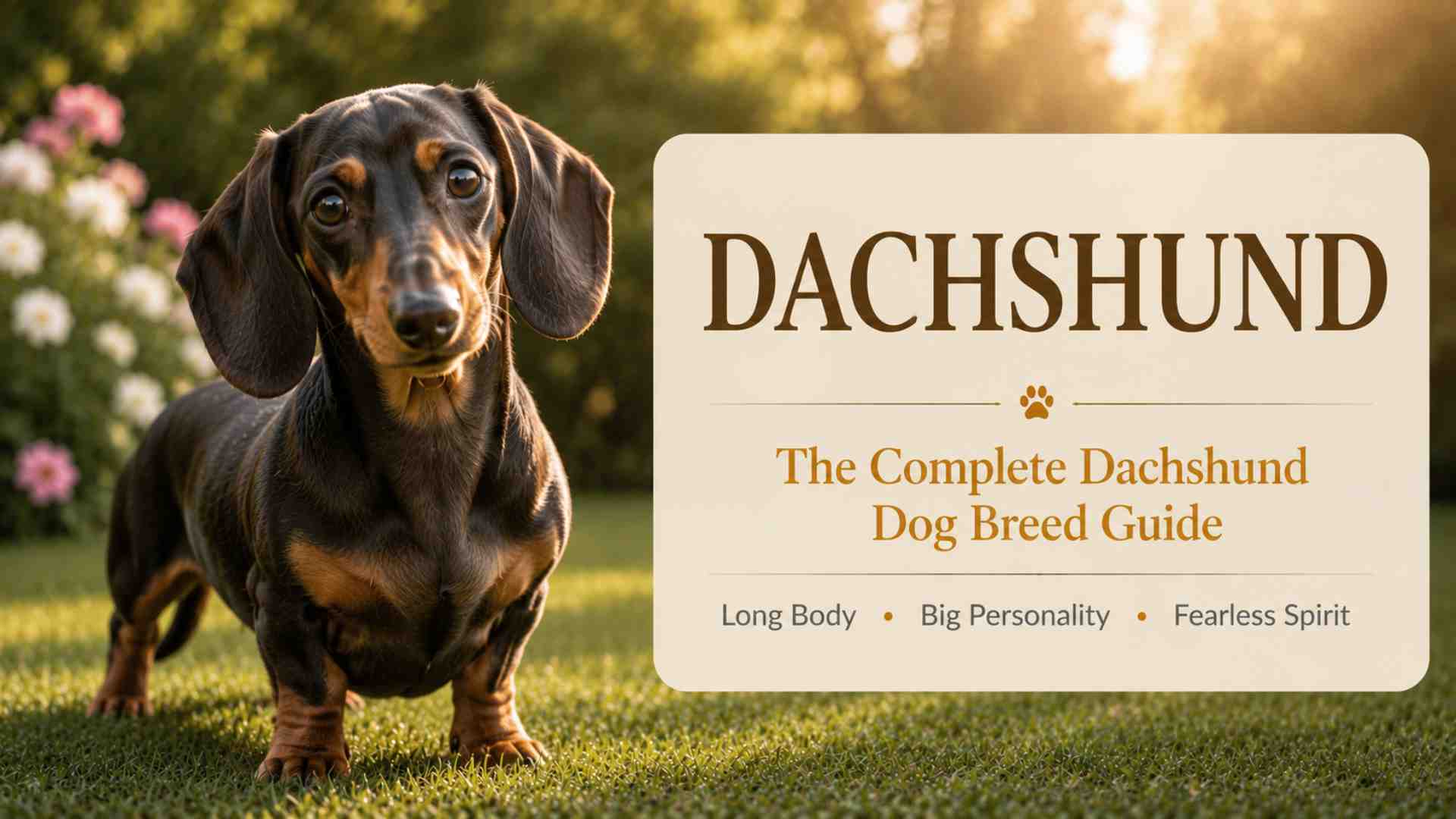 Miniature Dachshund standing beside a sign introducing the complete Dachshund dog breed guide