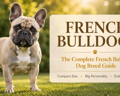 French Bulldog dog standing beside a sign that reads french bulldogs, the complete dog breed guide