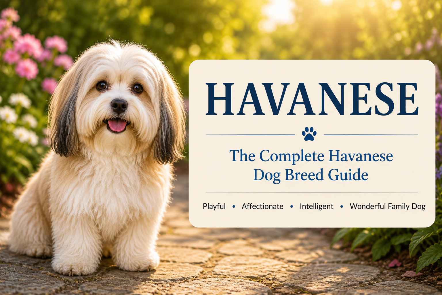Havanese dog breed guide featuring an adult Havanese with a long silky coat in a sunny garden
