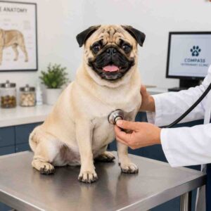 Healthy Pug at veterinary examination