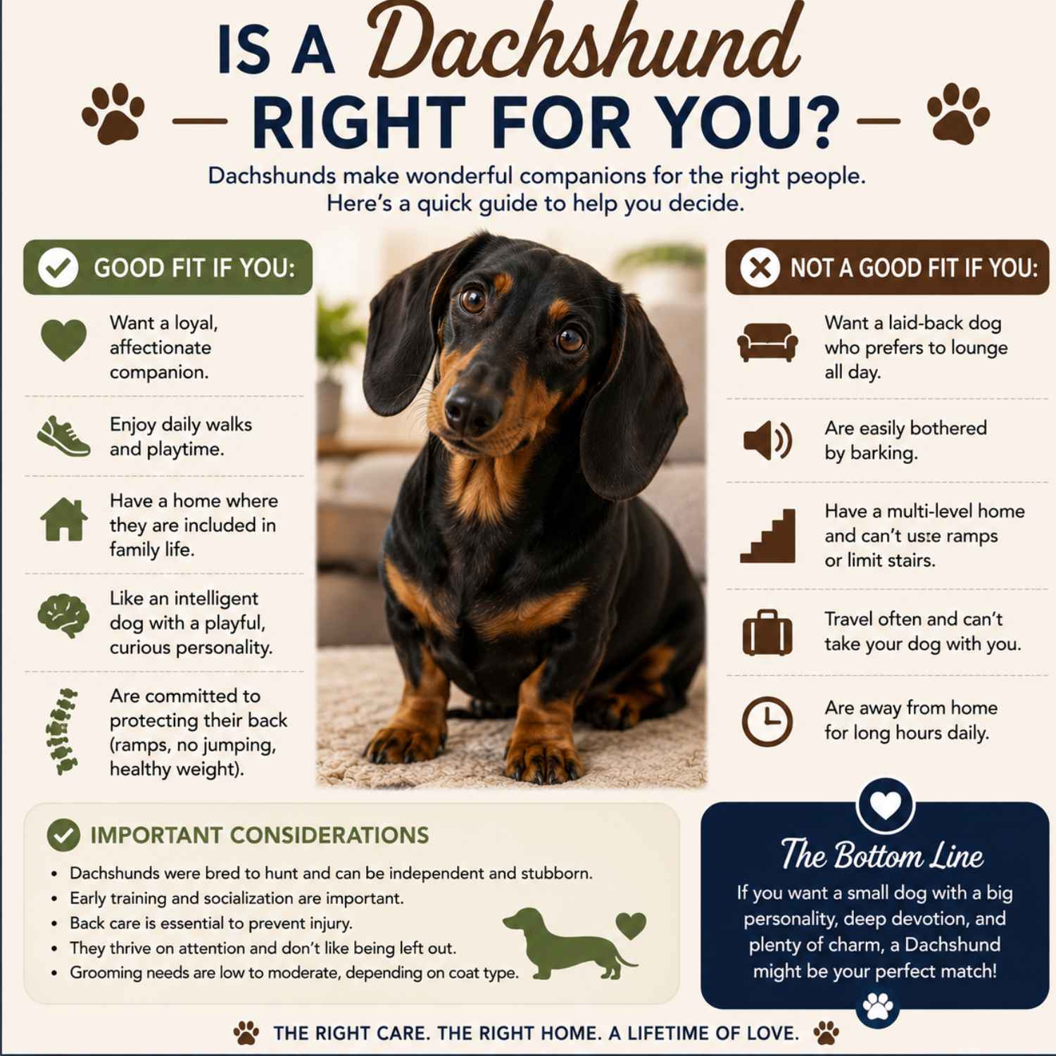 Is a Dachshund Right for You? Infographic comparing the breed's personality, care needs, lifestyle requirements, and whether it is a good match for different types of owners.
