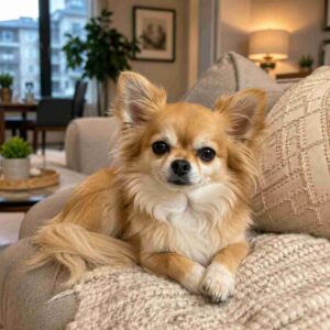 Long hair Chihuahua resting comfortably in an apartment living room
