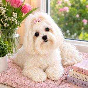 Maltese dog sitting in a sunny window