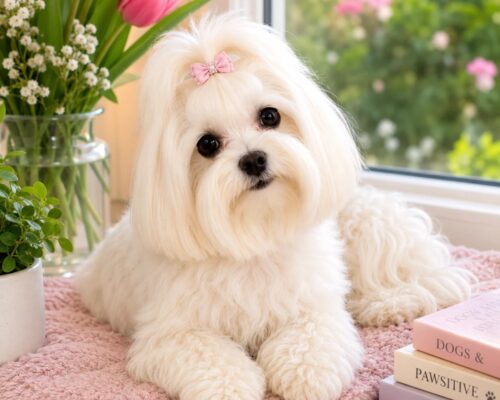 Maltese dog sitting in a sunny window