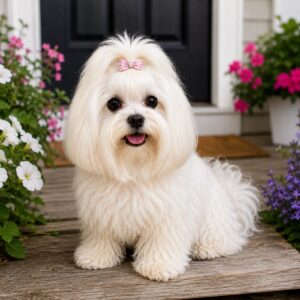 A beautiful Maltese dog sitting in a flower filled porch area