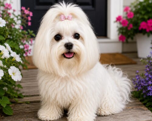 A beautiful Maltese dog sitting in a flower filled porch area