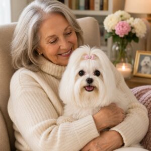 Senior enjoying time with a Maltese dog