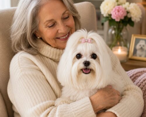 Senior enjoying time with a Maltese dog