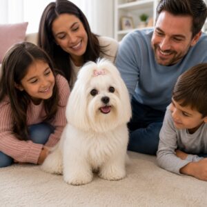Family enjoying time with a Maltese dog