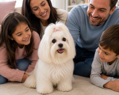 Family enjoying time with a Maltese dog
