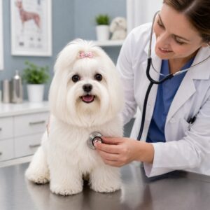 Maltese dog being examined by a veterinarian