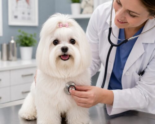 Maltese dog being examined by a veterinarian