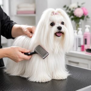 Maltese dog being groomed