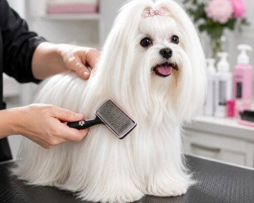 Maltese dog being groomed