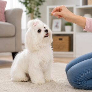 Maltese dog learning some training commands