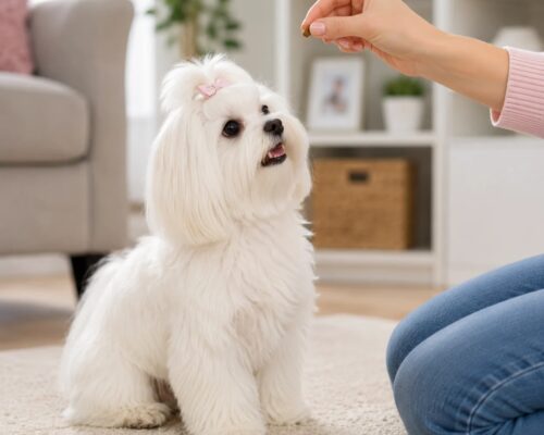 Maltese dog learning some training commands