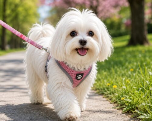 Maltese dog on a walk Outdoors