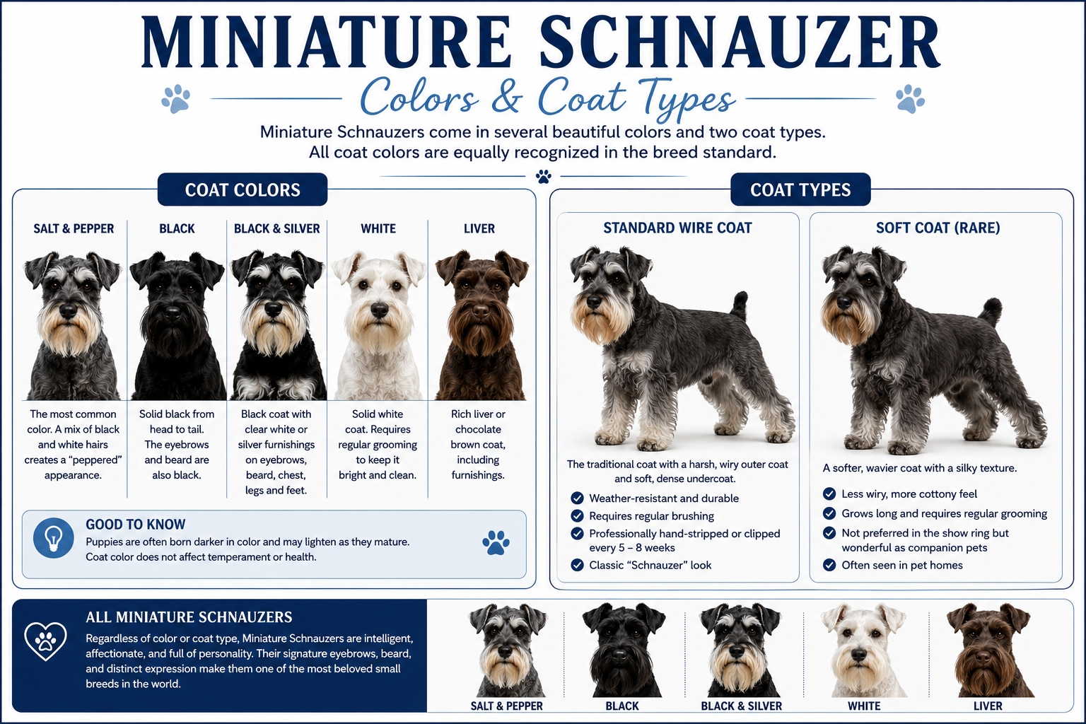 Miniature Schnauzer coat types and colors infographic showing the wiry double coat and Salt and Pepper, Black, Black and Silver, White, and Liver coat colors
