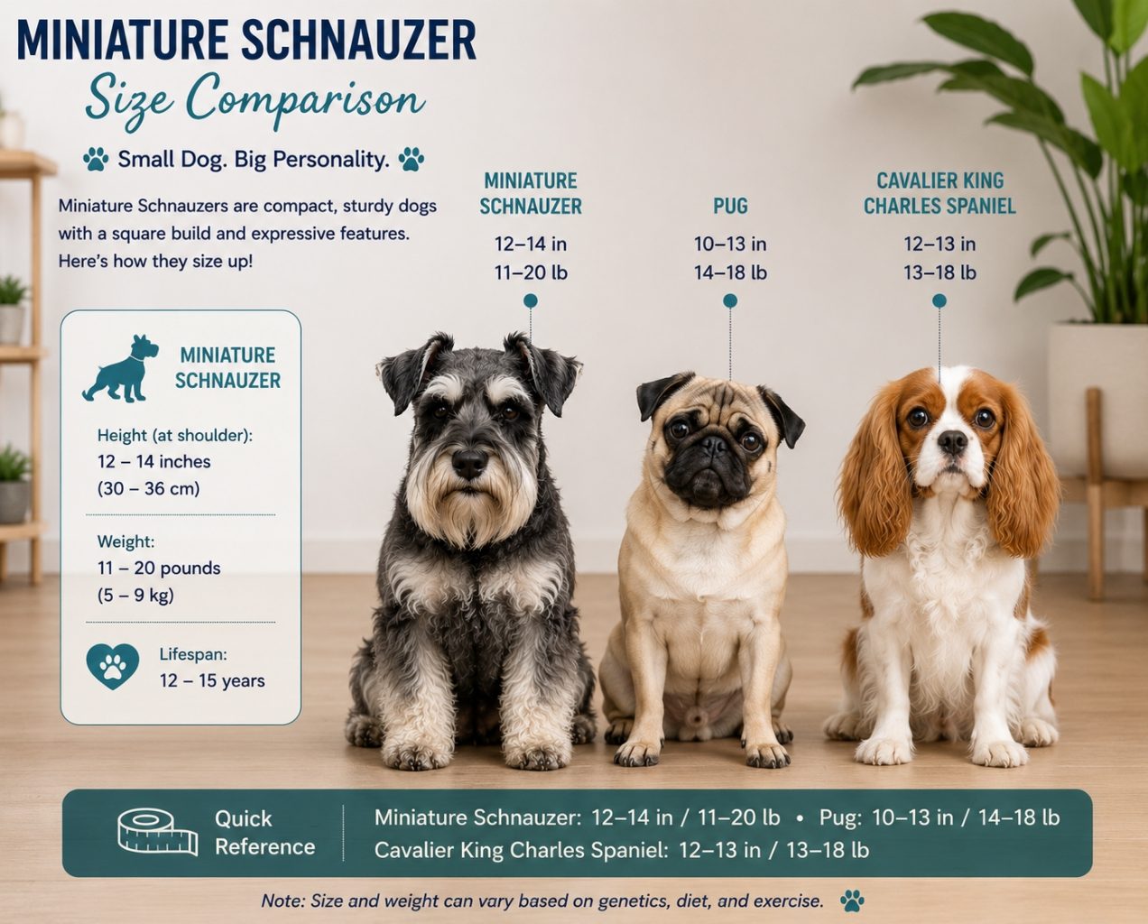 Miniature Schnauzer size and appearance showing the breed's compact square build, distinctive beard, bushy eyebrows, and wiry salt and pepper coat