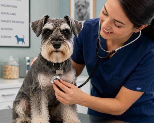 Miniature Schnauzer dog at veterinary appointment.