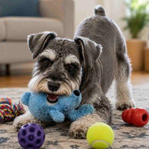 Miniature Schnauzer puppy playing with toys