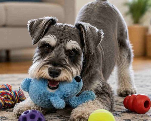 Miniature schnauzer puppy playing with toys