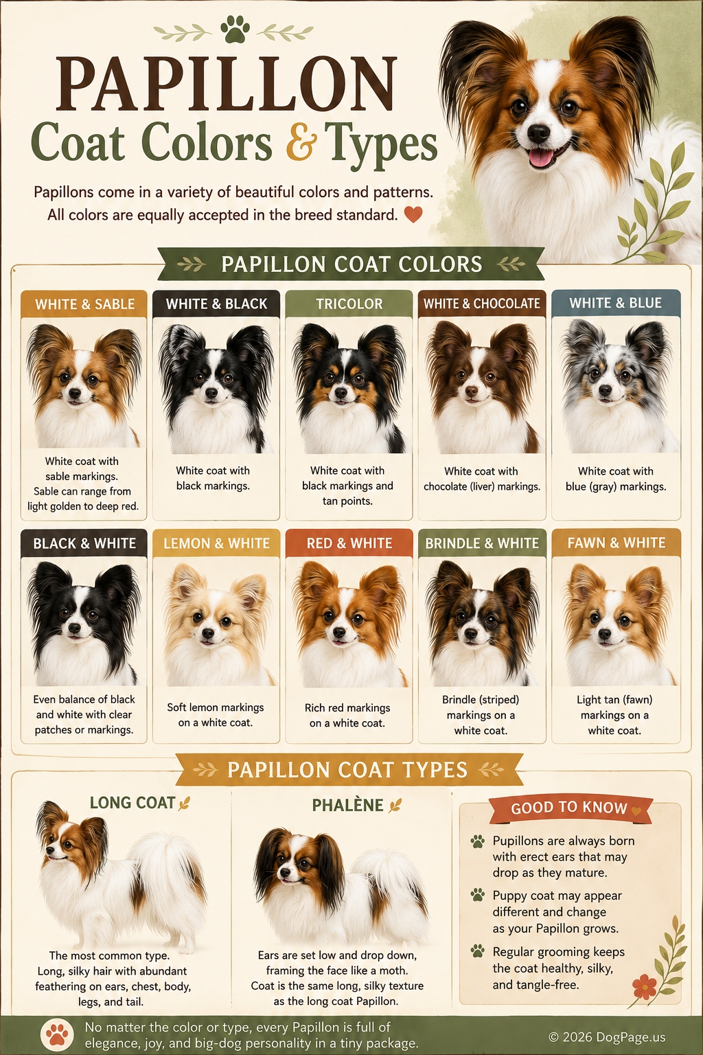 Papillon coat colors, types and markings infographic