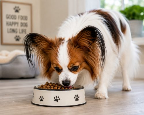 Papillon dog eating kibble