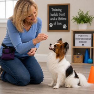Papillon dog learning some tricks