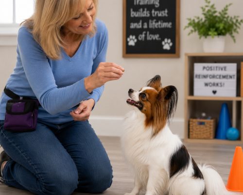 Papillon dog learning some tricks