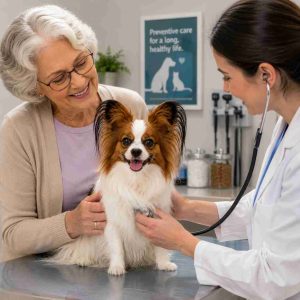 Papillon being examined by veterinarian