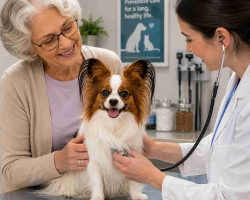Papillon being examined by veterinarian