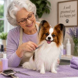 Papillon being groomed by its owner