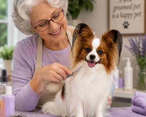 Papillon being groomed by its owner