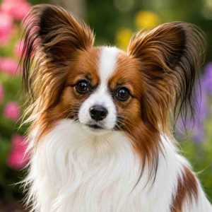 Papillon dog amidst the flower garden