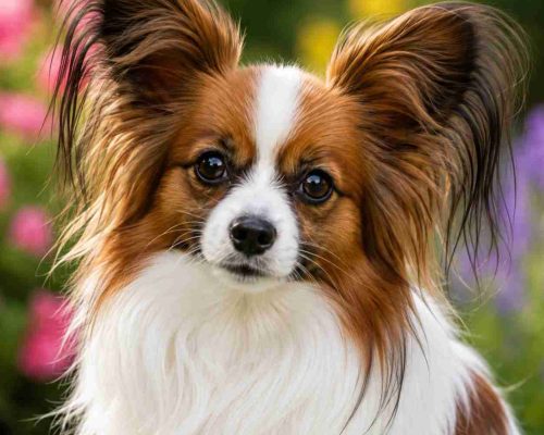 Papillon dog amidst the flower garden