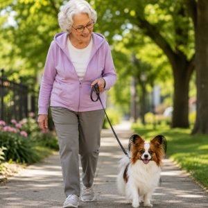 Papillon going for a walk with her senior owner