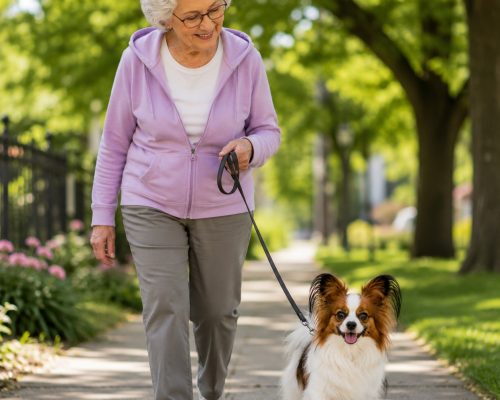 Papillon going for a walk with her senior owner