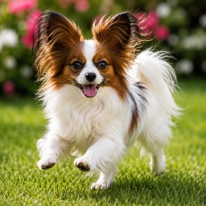 Papillon joyfully romping in a flower garden outdoors