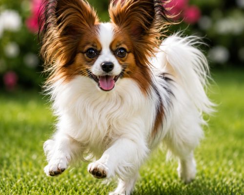 Papillon joyfully romping in a flower garden outdoors