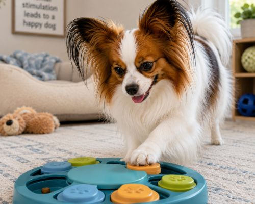 Papillon playing with puzzle toy